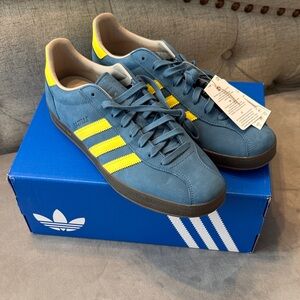 Adidas Men's Blue Suede Sneakers with Yellow Accents